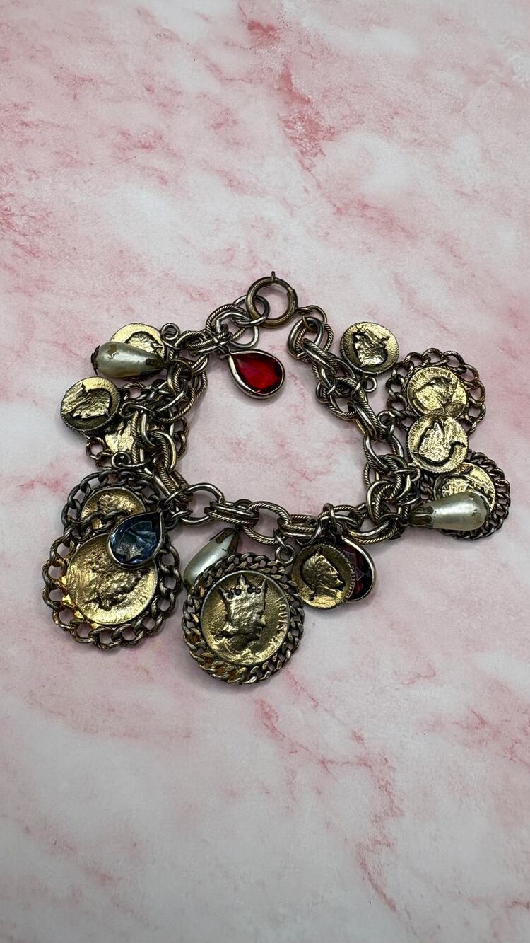 Vintage Chunky Coin Charm Bracelet Victorian Renaissance Revival Drop 50s 8"